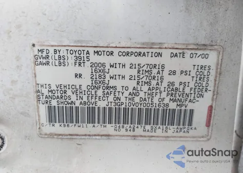 2000 Toyota Rav4 из США, поврежденный, VIN JT3GP10V0Y0051638